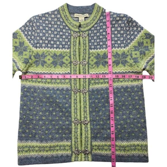 Vintage Carroll Reed Green Gray Wool Frog Clasp Fair Isle Cardigan Sz Small - Picture 7 of 8